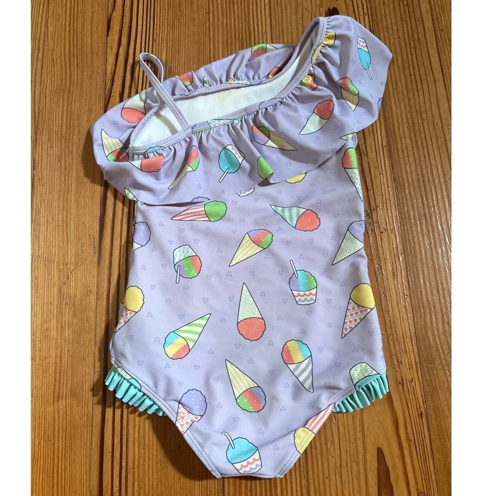 RuffleButts One Piece Swimsuit‎ Kids Purple Snow Cone Ruffle One Shoulder SIZE 7